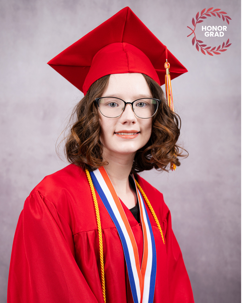 Isabella smiles for her photo in her red cap and gown and a "Honor Grad" logo on the top right corner. 