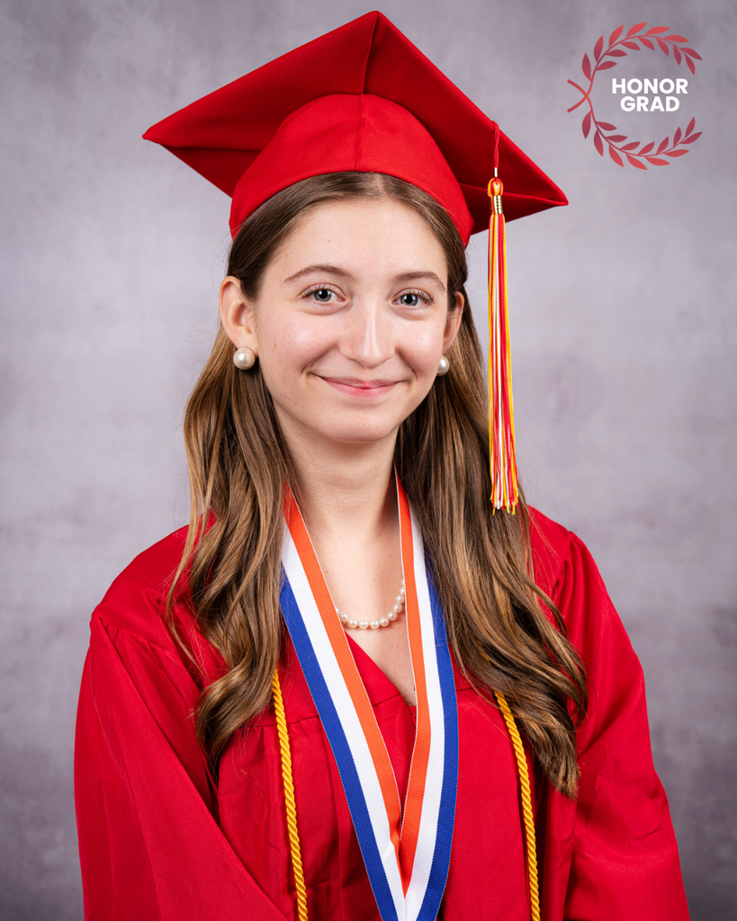 Brenna is smiling for her photo wearing her red cap and gown and a "Honor Grad" logo on the top right corner.