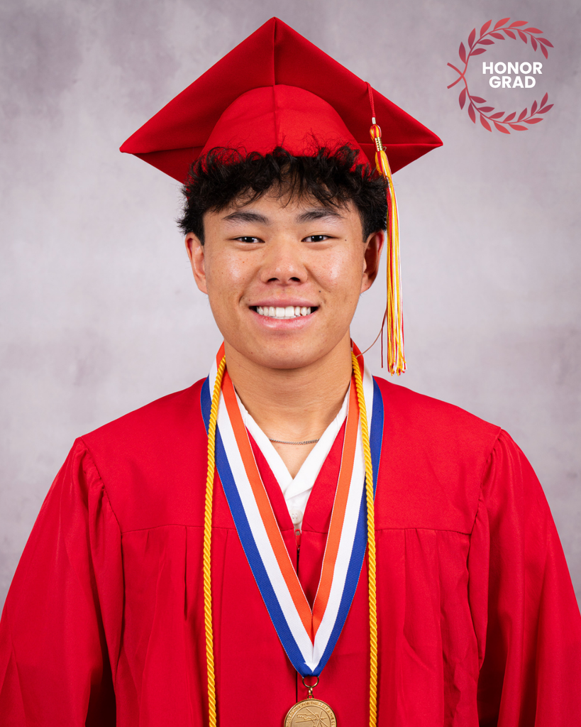 Joshua smiles for his photo wearing his red cap and gown, and a "Honor Grad" logo on the top right corner. 