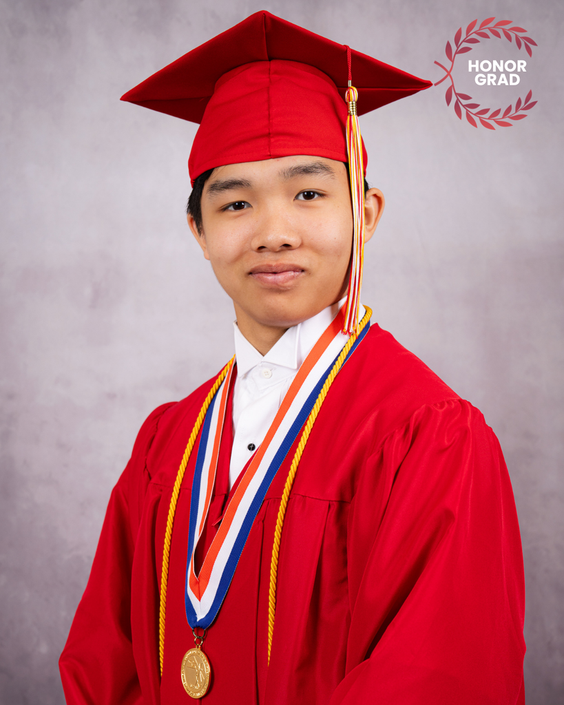 Kai smiles for his photo wearing his red cap and gown, and a "honor grad" logo on the top right corner. 