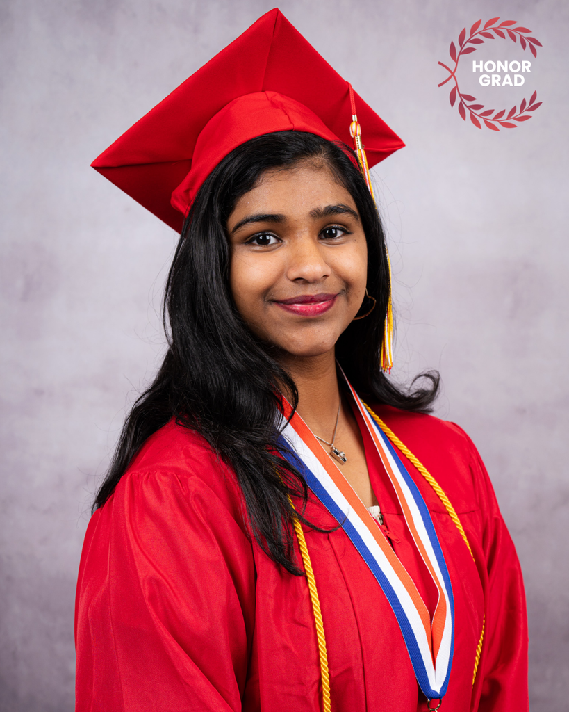 Maressa is smiling for her photo wearing a red cap and gown, and a "Honor Grad" logo on the top right corner.