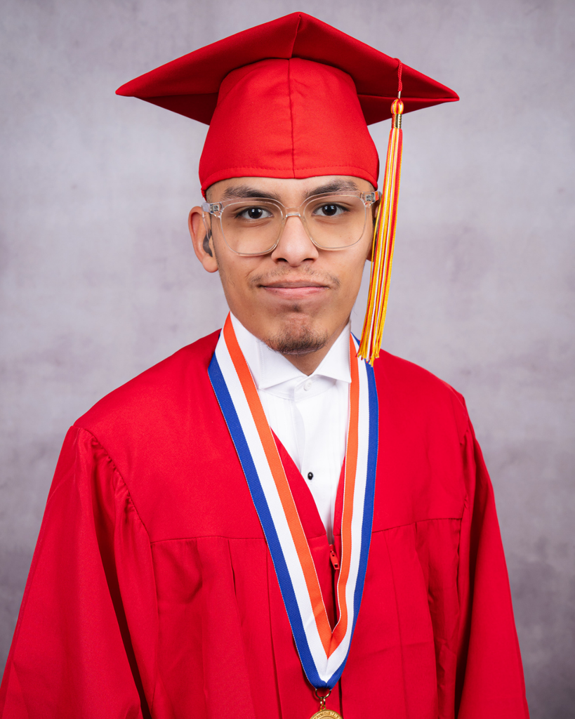 Bryan smiles for his photo wearing his red cap and gown.