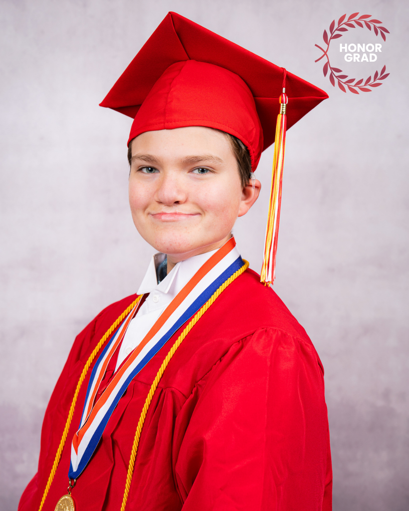 Gavin smiles and wears his red cap and gown, with a "Honor Grad" logo on the top right corner. 