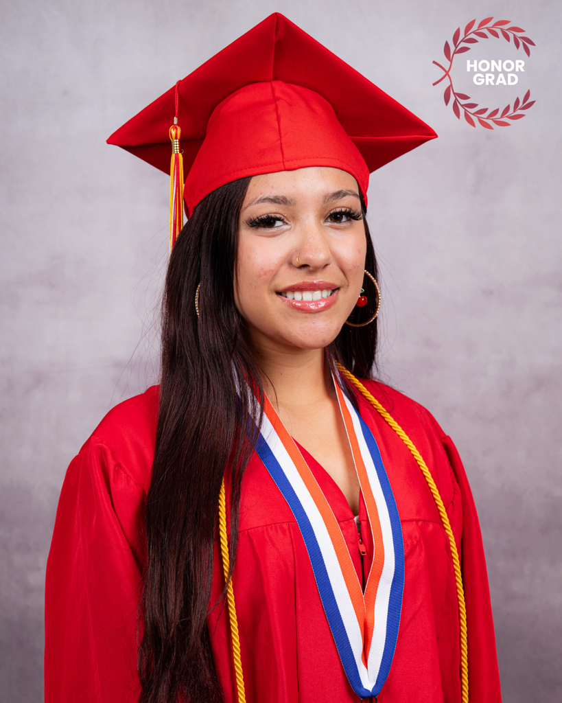 Daniela smiles for her photo with a red cap and gown, and a "Honor Grad" logo on the top right corner. 