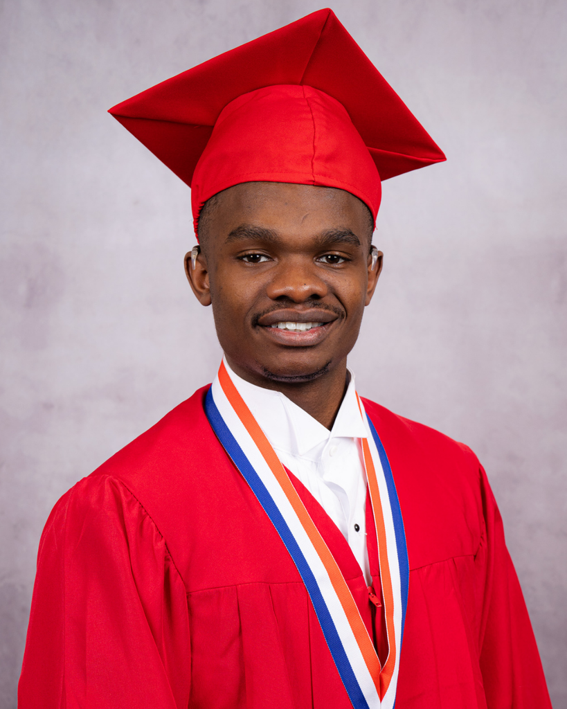 Frantz smiles for his photo with his red cap and gown.