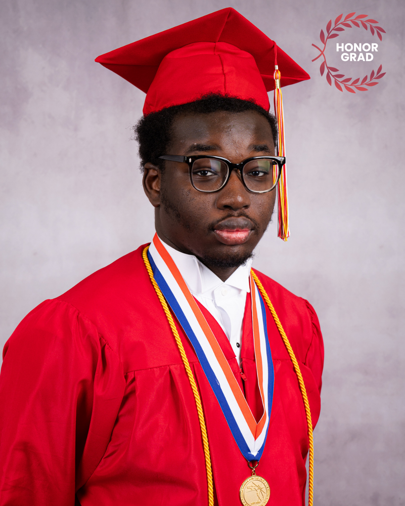 Muntaser smiles for his photo wearing his red cap and gown, along with a "Honor Grad" logo on the top right corner. 