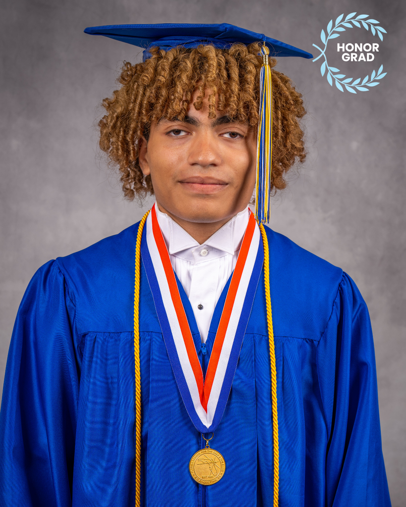 Addison is smiling and wearing his blue cap and gown, along with a "Honor Grad" logo on the top right corner. 