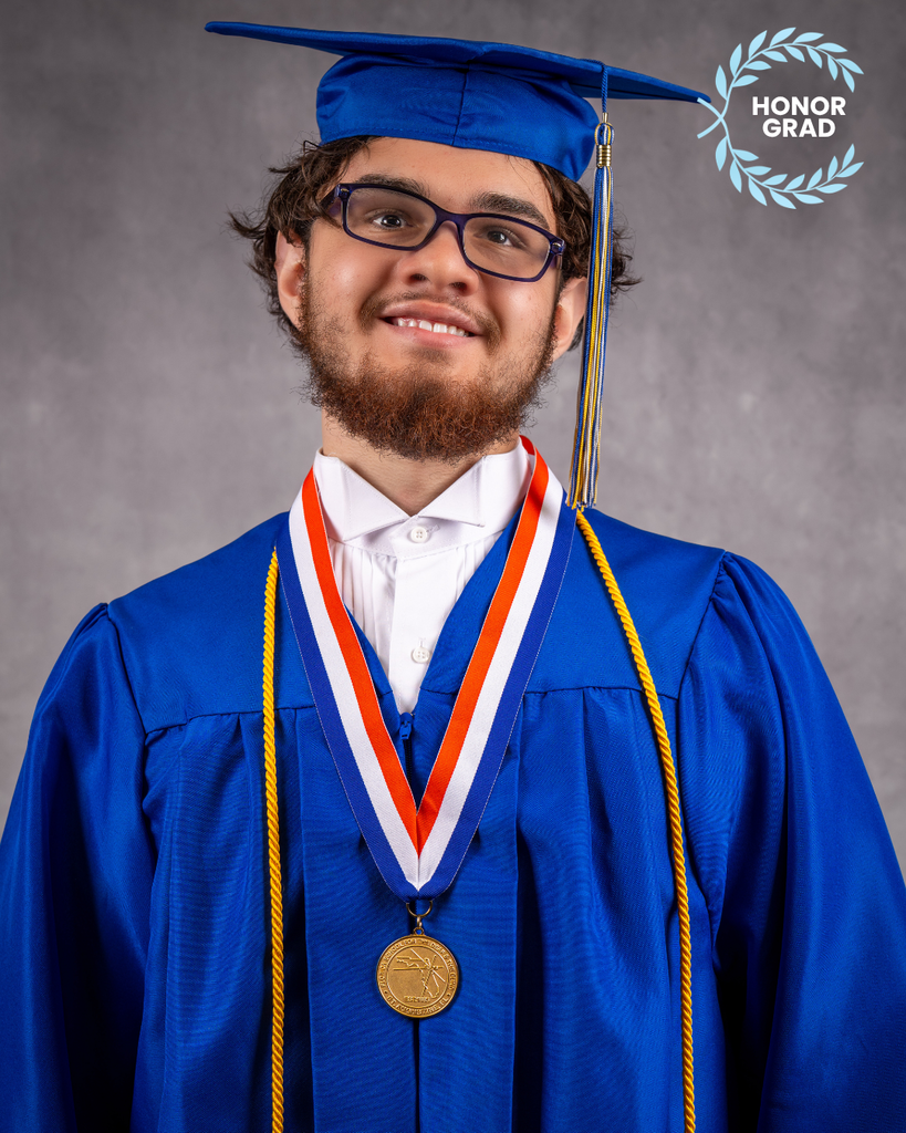 Christian smiles for his photo in a blue cap and gown, along with the "Honor Grad" logo on the top right corner. 
