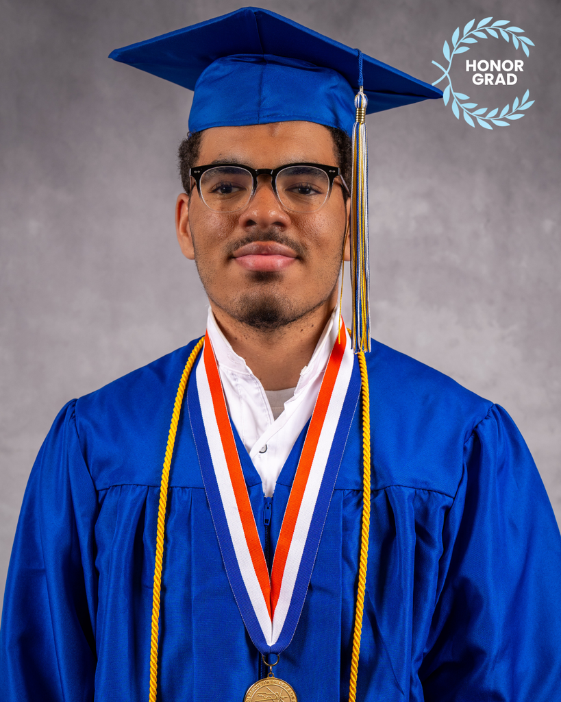 Jack is smiling for his photo wearing his blue cap and gown, with a "Honor Grad" logo on the top right corner. 