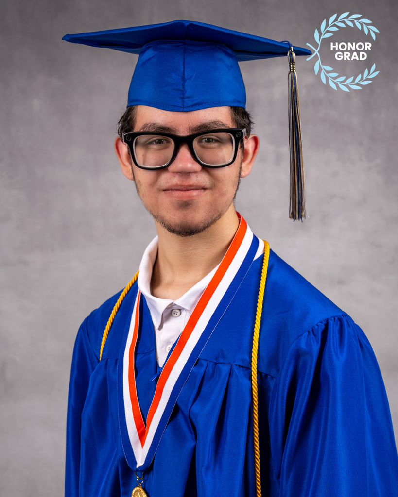 Nathaniel is smiling for his photo wearing his blue cap and gown with a "Honor Grad" logo on the top right corner.