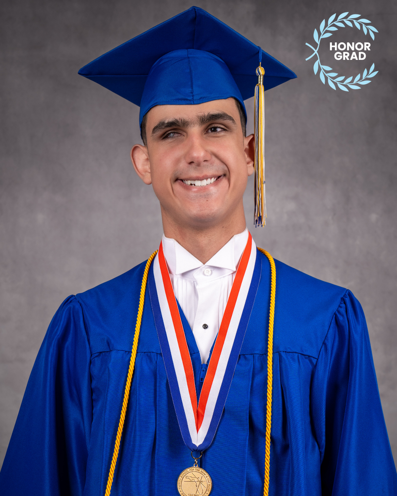 Damian smiles for his photo in his blue cap and gown, and a "Honor Grad' logo on the top right corner. 