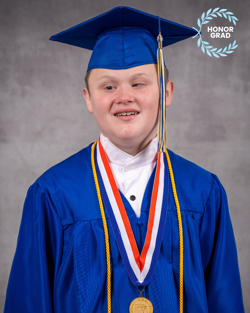 Logan smiles for his photo in his blue cap and gown, with a "Honor Grad" logo on the top right corner.