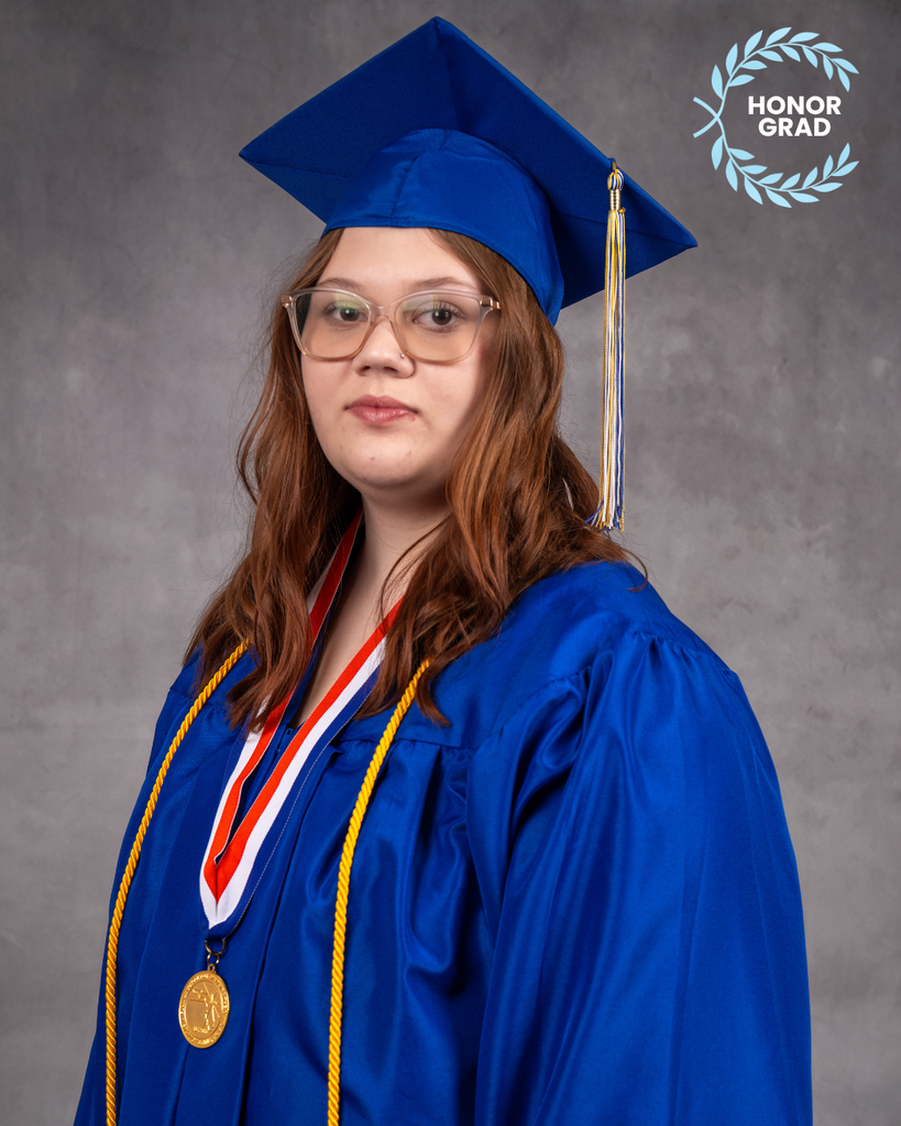 Brooke is smiling for her photo wearing her blue cap and gown, with a "Honor Grad" logo on the top right corner.