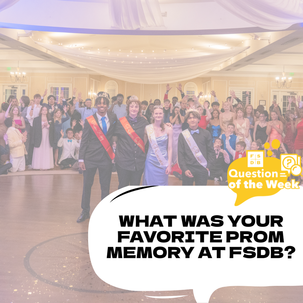 Faded background of this years deaf prom at river house with a white quote box on the bottom right that says "what was your favorite prom memory atFSDB?"
