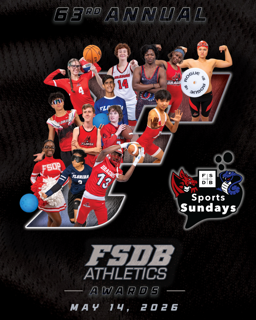 Black background with each sport inside the letter F. Wording on the graphic says "63rd Annual FSDB Athletics Awards, May 14, 2026"