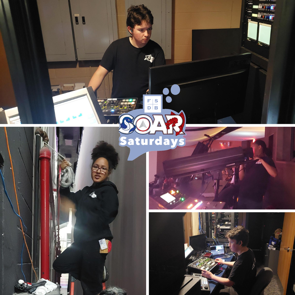 Five photo collage of SOAR students helping with live-streaming and lights for the Elementary Dance performance inside Kirk. 