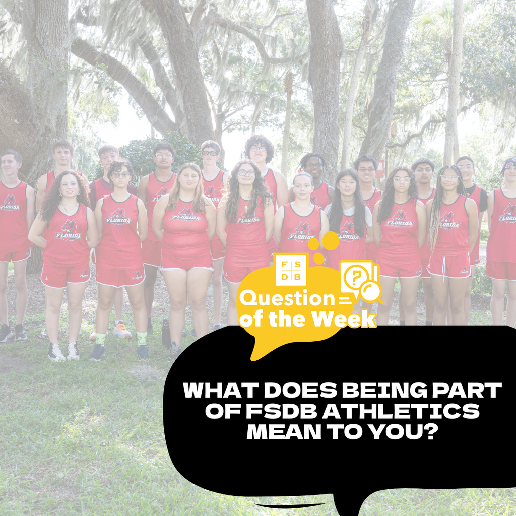 Faded photo of the cross country team with a black quote box on the bottom right that says "What does being part of FSDB Athletics mean to  you?"