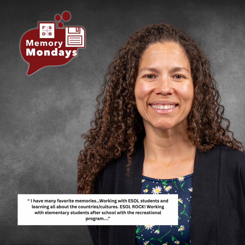 Jazmin smiles for her photo with a black and gray background and a white textbox on the bottom left that says I have many favorite memories…Working with ESOL students and learning all about the countries/cultures. ESOL ROCK! Working with elementary students after school with the recreational program..."