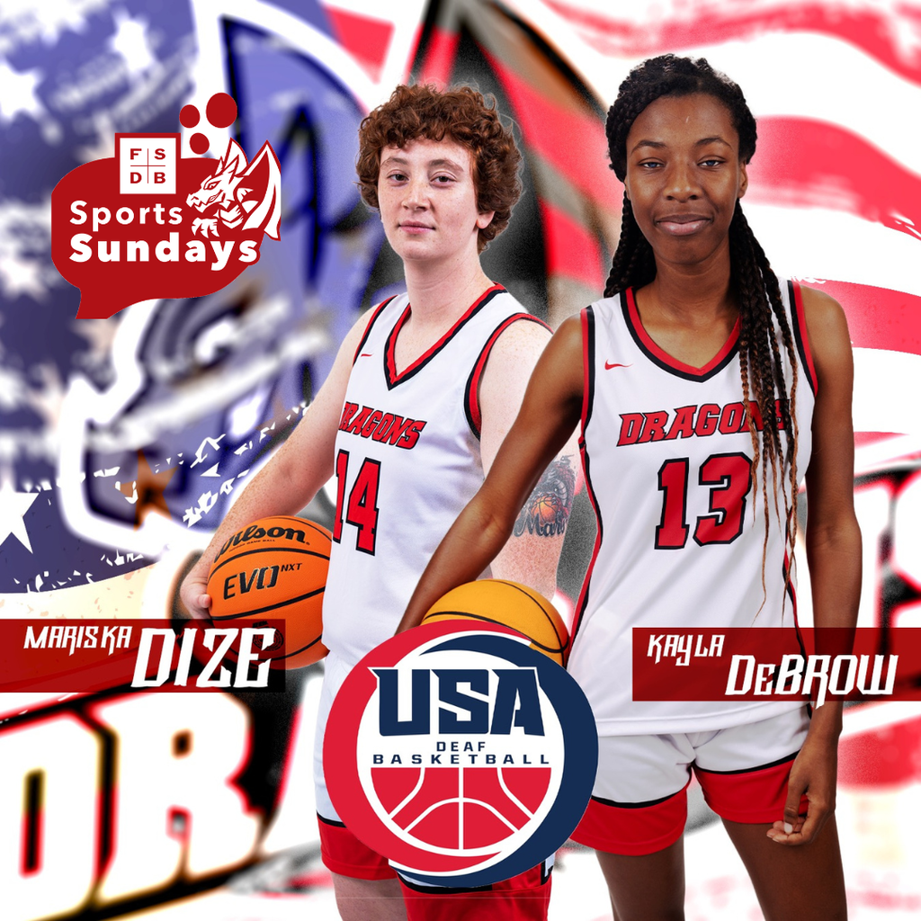 Dragon logo in the background covered by an American flag with photos of Mariska Dize and Kayla Debrow dressed in their basketball uniform with the USA Deaf Basketball logo in the middle.