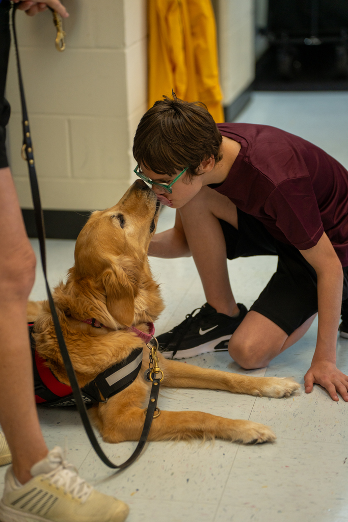 A student and golden retriever dog give each other kisses. 
