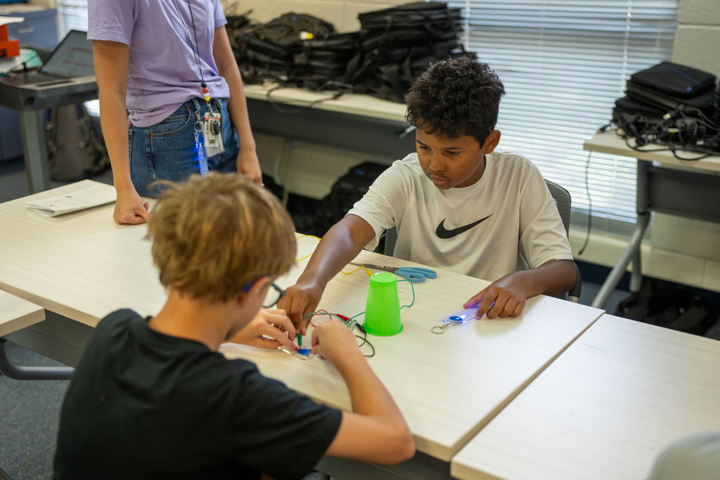 Students work on a project together inside the classroom.