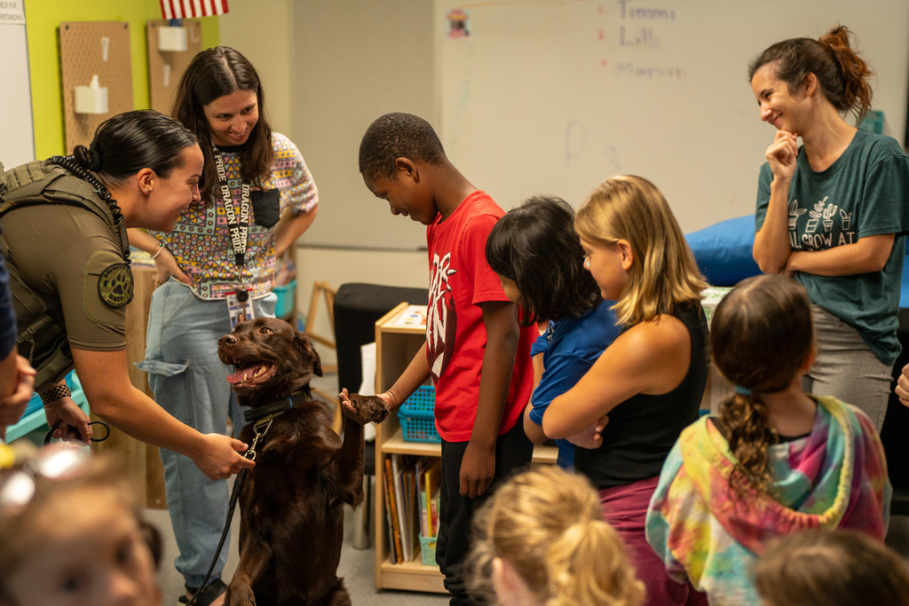 A camper handshakes the dog hand while the dog looks at the sheriff inside the classroom.