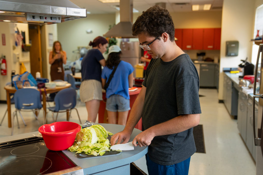 A student is working on cutting the lettuce inside the kitchen. 