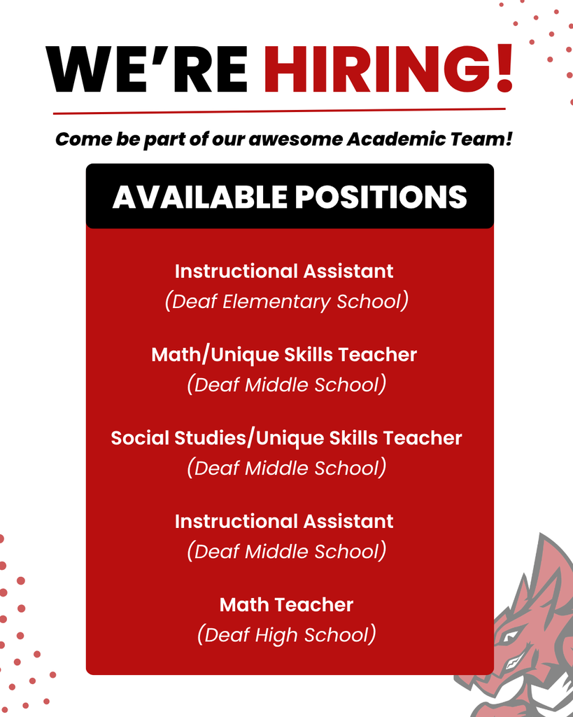 We're Hiring! Come be part of our awesome Academic Team! Available positions; IA (DES & DMS), Math and Social Studies Teacher (DMS), and Math Teacher (DHS).