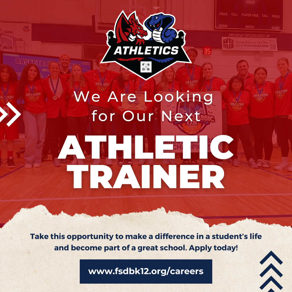 Red graphic design background with white wording that says "We are looking for our next Athletic Trainer" and shares the link that is in the write up.