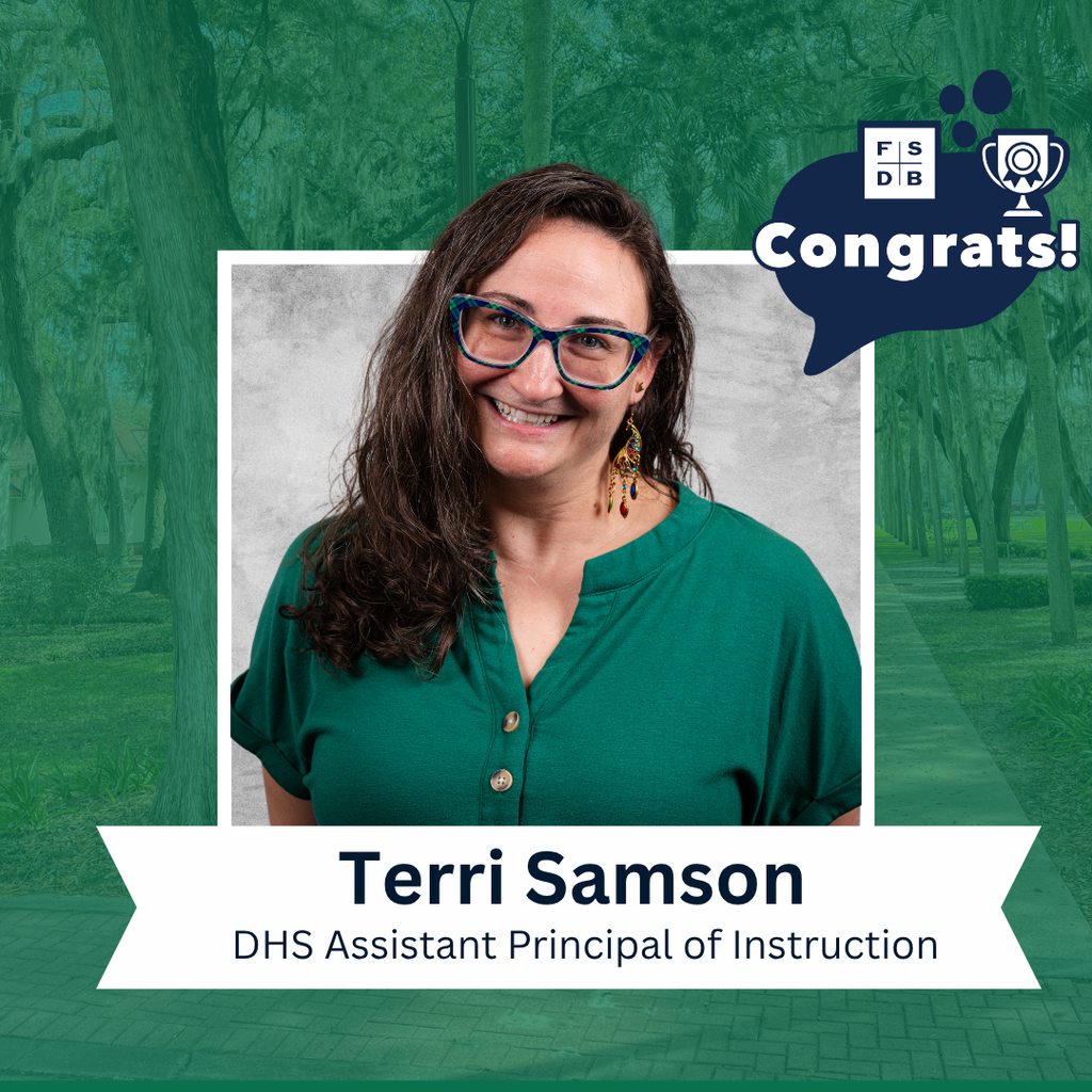 Terri is wearing a green shirt and smiling for the camera with a silver back drop and green background. Below her photo is a white graphic that says "Terri Samson, DHS Assistant Principal of Instruction" 