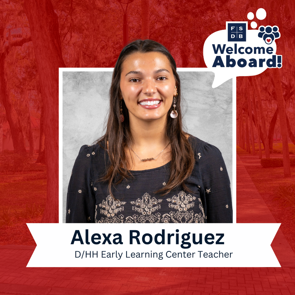 Alexa is wearing a navy blue shirt with a pattern and smiling for her photo with a silver backdrop and red background. Below her photo is a white textbox that says "Alexa Rodriguez, D/HH Early Learning Center Teacher"
