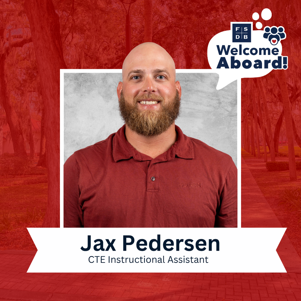 Jax is wearing a red collar shirt and smiles for his photo with a silver backdrop and red background. Below his photo is a white textbox that says "Jax Pedersen, CTE Instructional Assistant"