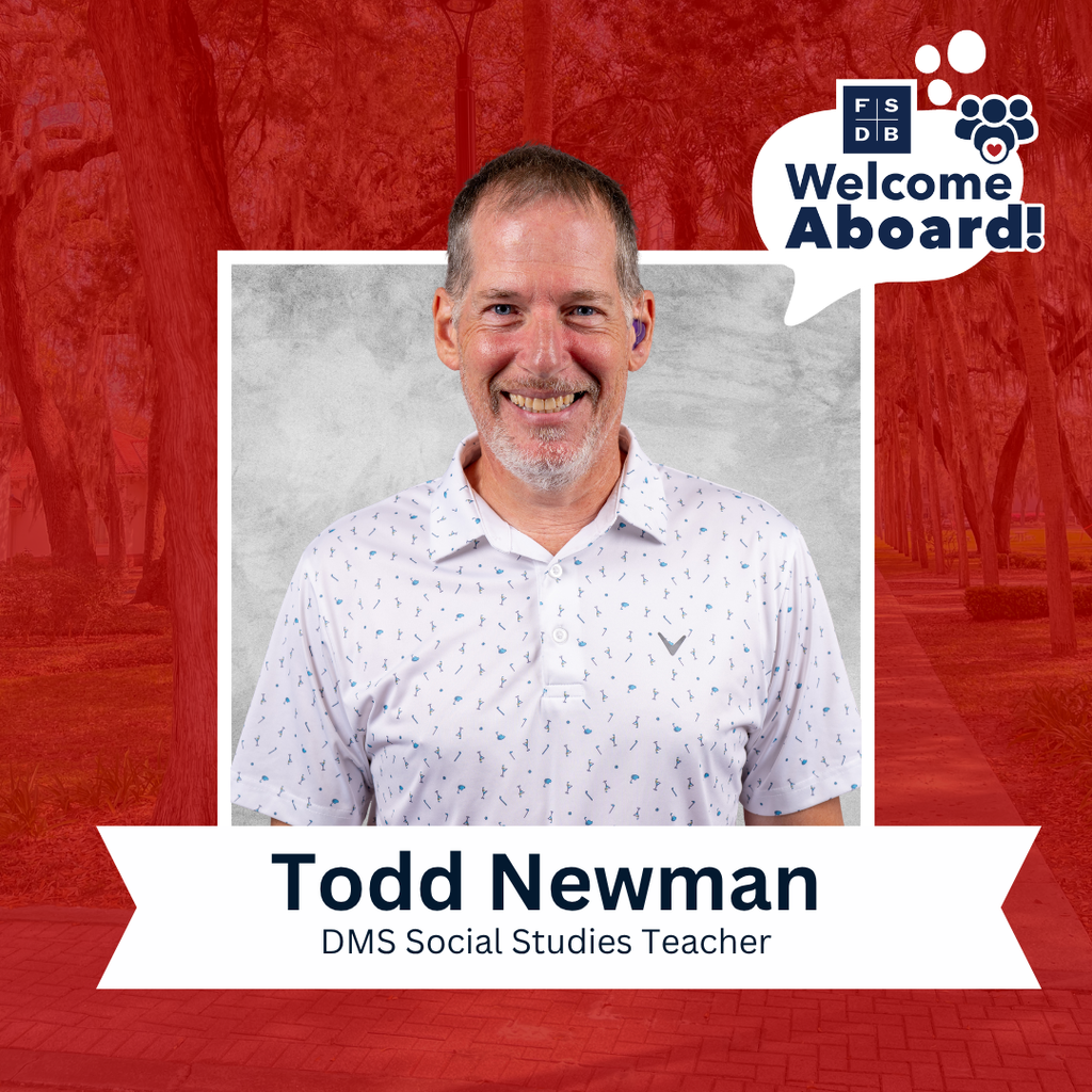 Todd is wearing a white collar shirt smiling for his photo with a silver backdrop and red background. Below his photo is a white textbox that says "Todd Newman, DMS Social Studies Teacher"