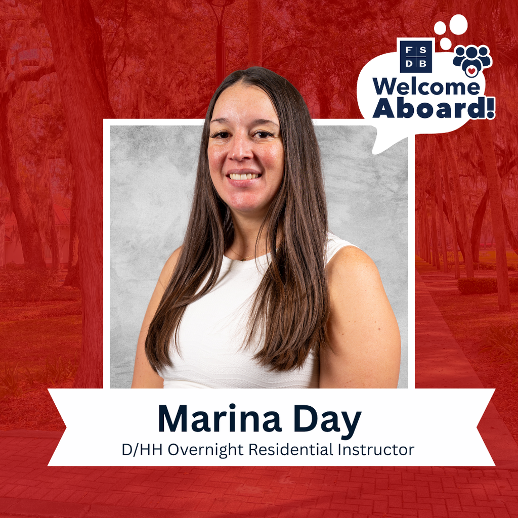 Marina is wearing a white tank top smiling for her photo with a silver backdrop and red background. Below her photo is a white graphic with text inside that says "Marina Day, D/HH Overnight Residential Instructor"