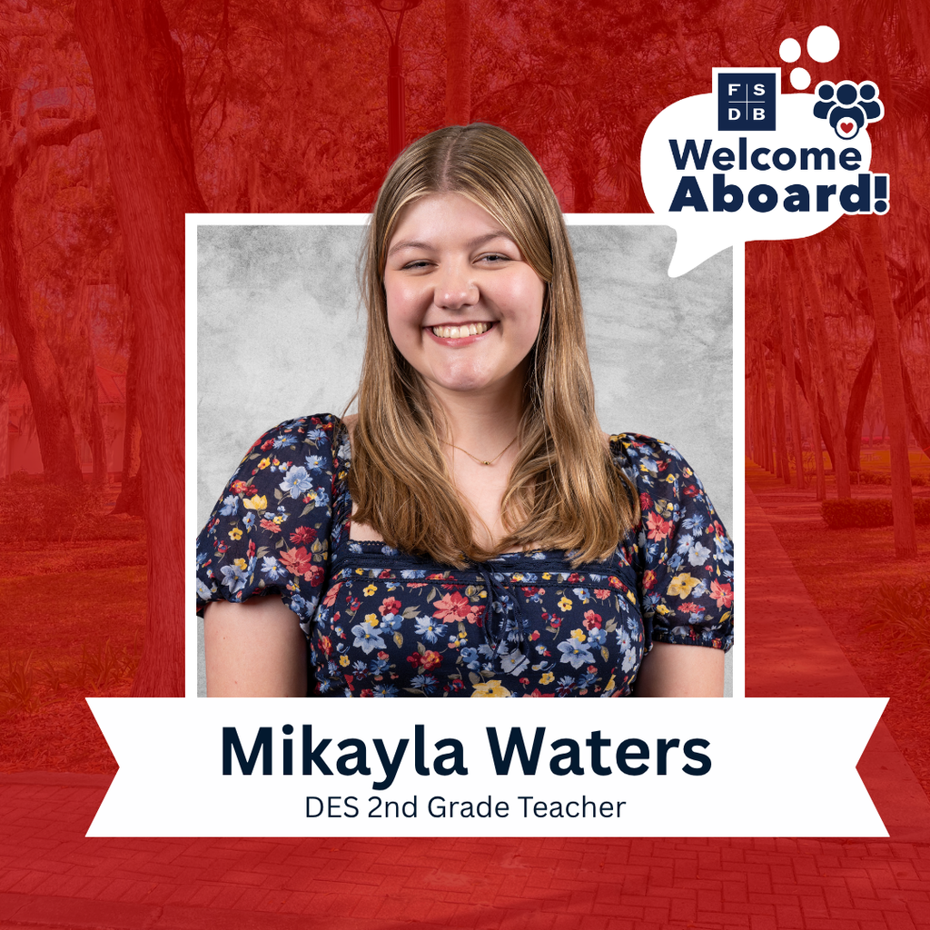 Mikayla is wearing a blue with different color scattered flowers smiles for her photo with a silver backdrop and red background. Below her photo is a white graphic with text that says "Mikayla Waters, DES 2nd Grade Teacher"