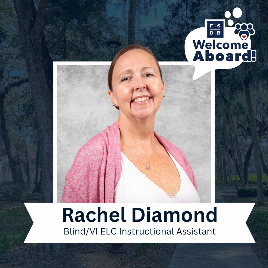 Rachel is wearing a white tank top with pink cardigan smiling for her photo with a silver backdrop and blue background. Below her photo is a white graphic with text that says "Rachel Diamond, Blind/VI ELC Instructional Assistant"
