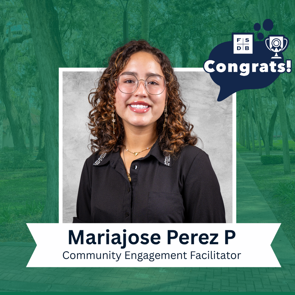 Mariajose is wearing a black shirt smiling for her photo with a silver backdrop and green background. Below her photo is a white graphic with text that says "Mariajose Perez P, Community Engagement Facilitator"