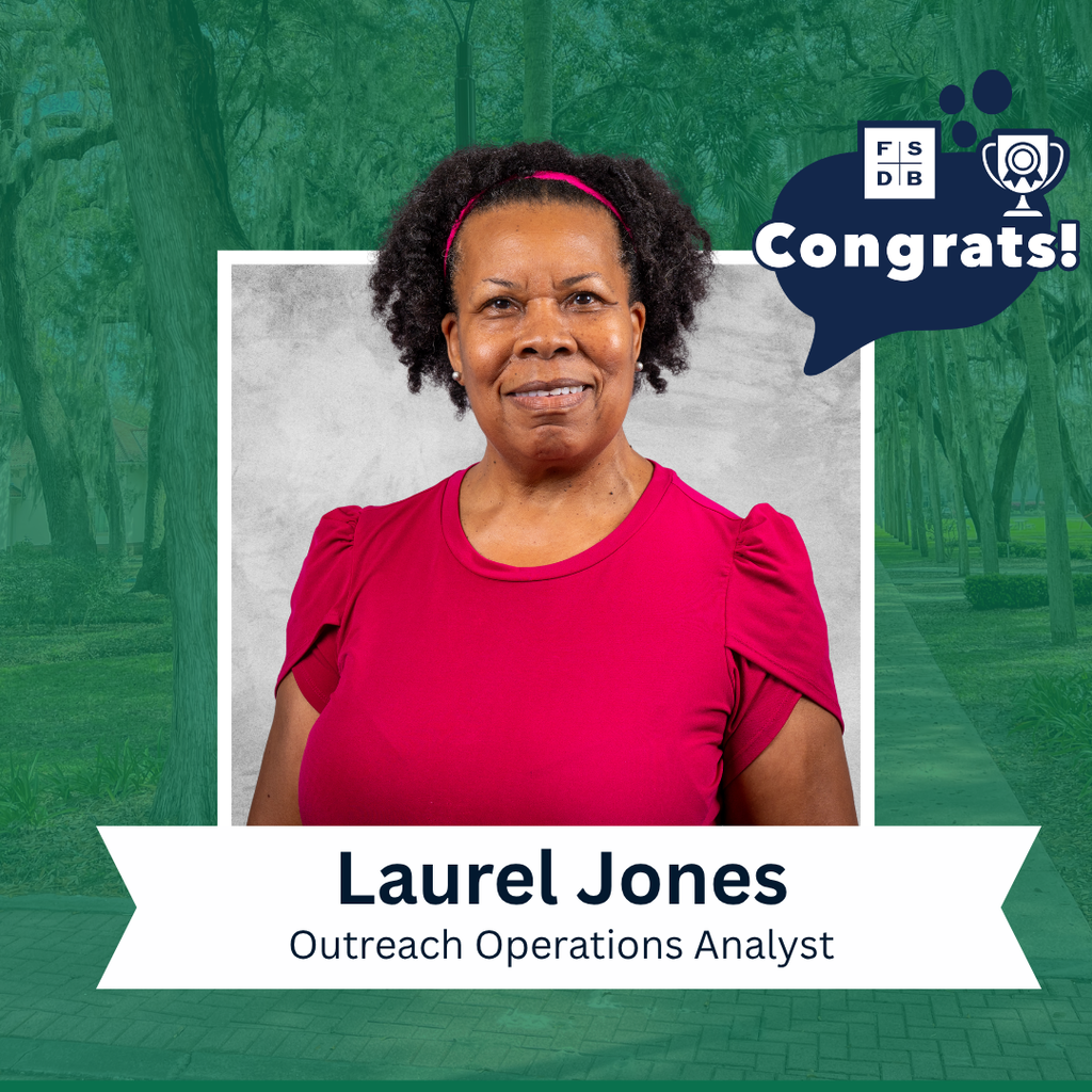Laurel is wearing a red shirt smiling for her photo with a silver backdrop and green background. Below her photo is a white graphic with text that says "Laurel Jones, Outreach Operations Analyst"
