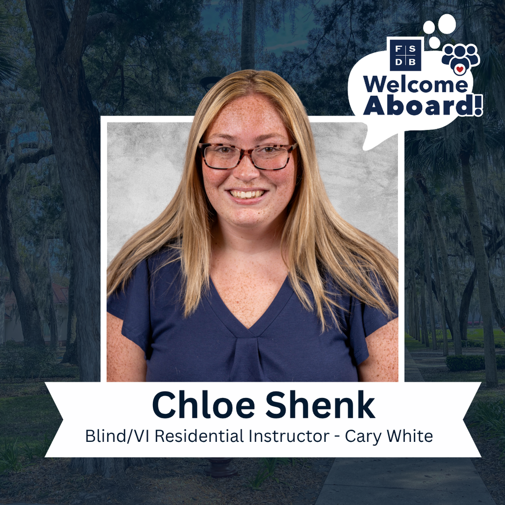 Chloe is wearing a blue short sleeve shirt smiling for the camera with a silver backdrop and blue background. Below her photo is a white graphic with text that says "Chloe Shenk, Blind/VI Residential Instructor for Cary White"