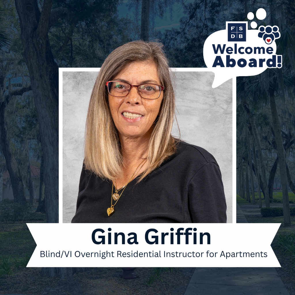 Gina is wearing a black shirt with necklaces smiling for her photo with a silver backdrop and blue background. Below her photo is a white graphic with text that says "Gina Griffin, Blind/VI Overnight Residential Instructor for Apartments"