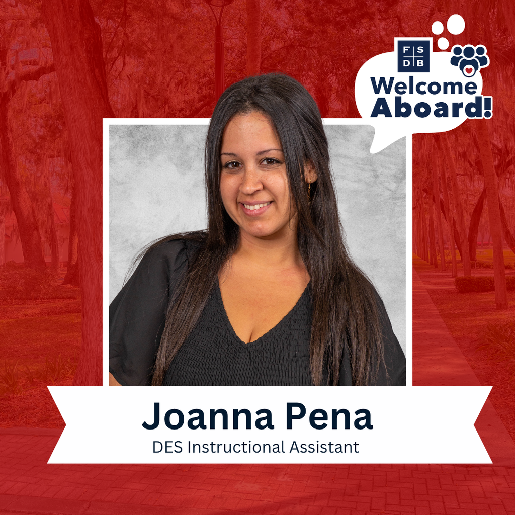 Joanna is wearing a black dress smiling for her photo with a silver backdrop and red background. Below her photo is a white graphic with text that says "Joanna Pena, DES Instructional Assistant"
