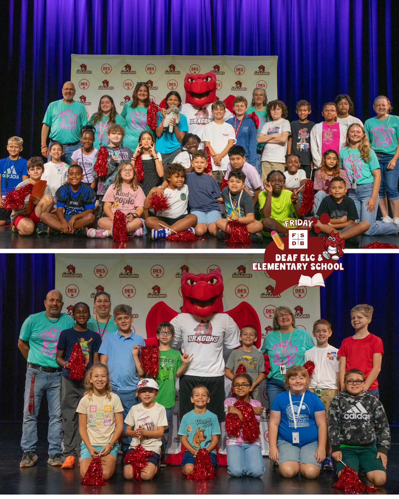 Two photo collage of the 5th grade and 4th grade students smile on stage with Sammy the Dragon.