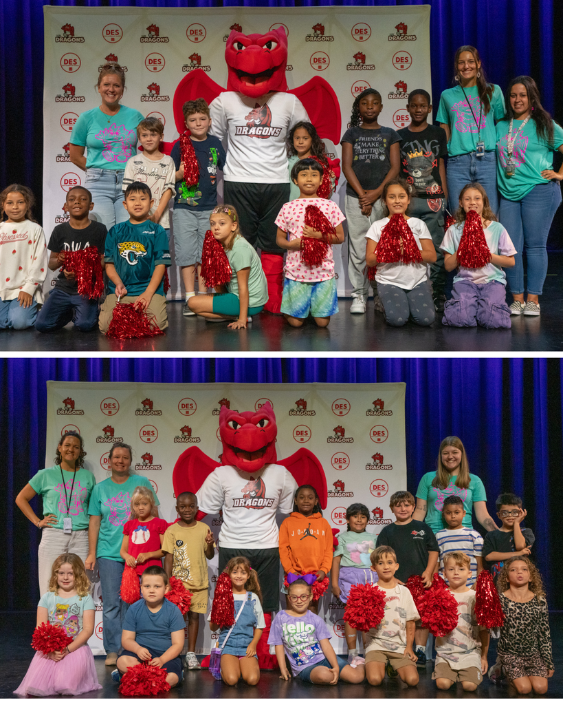 Two photo collage of the 3rd grade and 2nd grade students smile on stage with Sammy the Dragon.