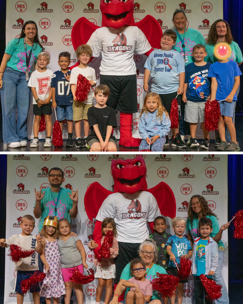 Two photo collage of the 1st grade and K grade students smile on stage with Sammy the Dragon.