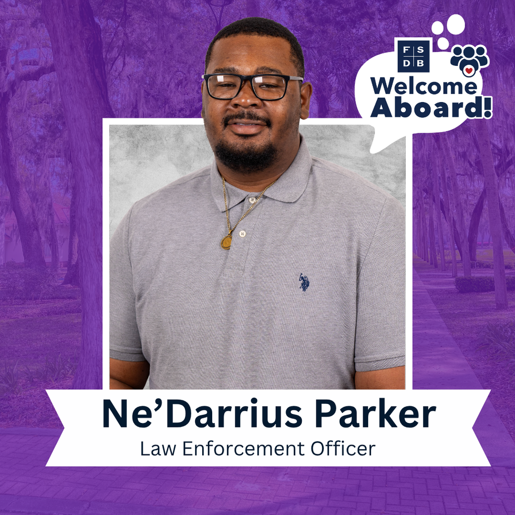 Ne'Darrius is wearing a gray polo shirt smiling for his photo with a silver backdrop and purple background. Below his photo is a white graphic with text that says "Ne'Darrius Parker, Law Enforcement Officer"