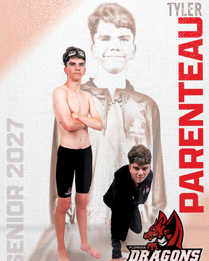 Three photos of a swimming senior with text on the left says "Senior 2027" and text on the right says "Tyler Parenteau"