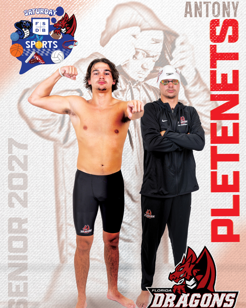 Three photos of a swimming senior with text on the left says "Senior 2027" and text on the right says "Antony Pletenets"