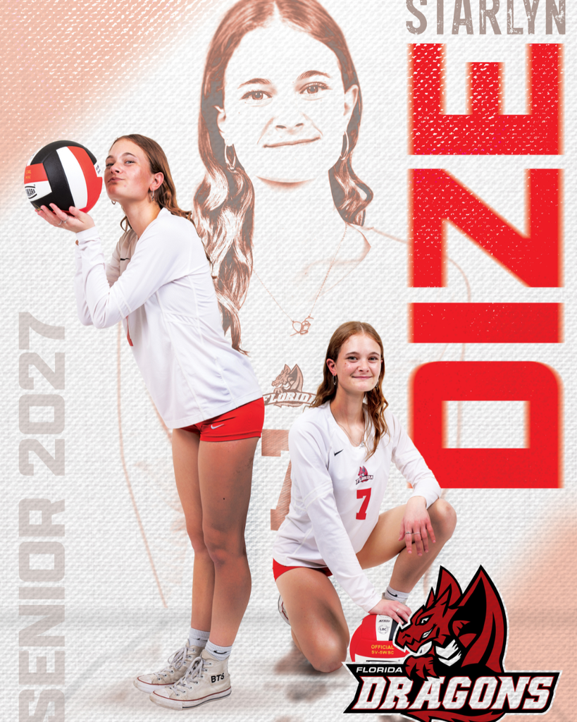 Three photos of a volleyball senior with text on the left says "Senior 2027" and text on the right says "Starlyn Dize"