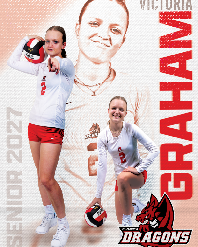 Three photos of a volleyball senior with text on the left says "Senior 2027" and text on the right says "Victoria Graham"