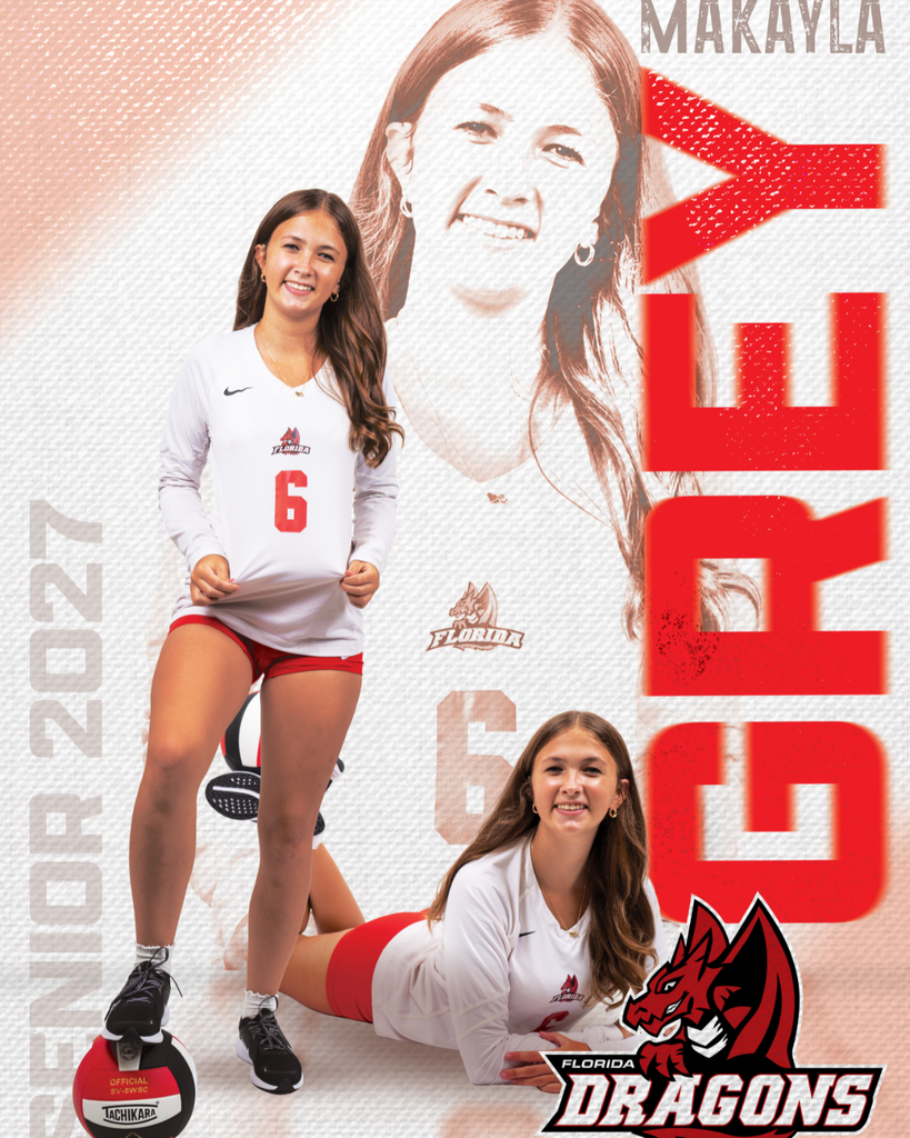 Three photos of a volleyball senior with text on the left says "Senior 2027" and text on the right says "Mikayla Grey"